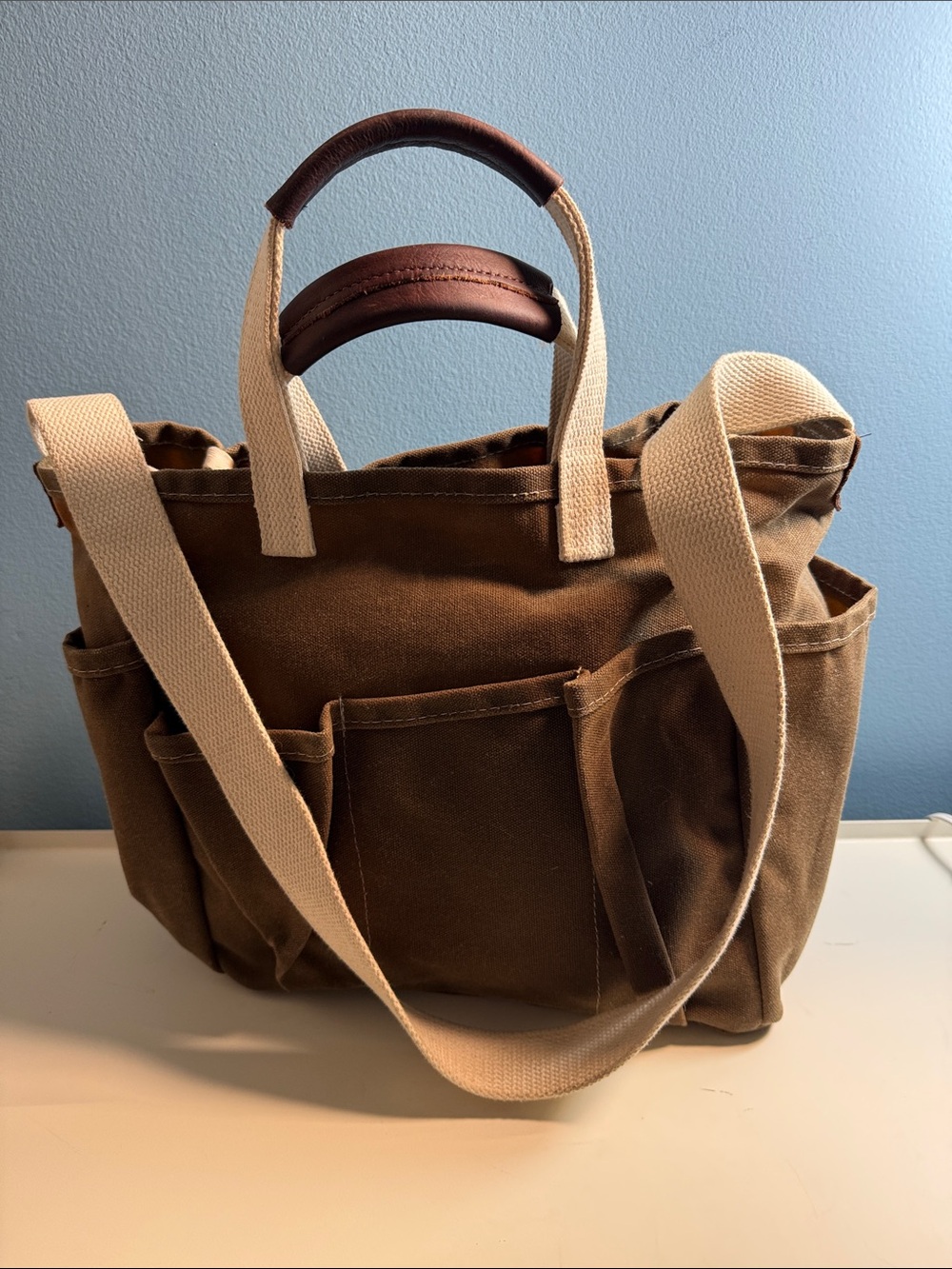 Steele Brown Waxed Canvas Tote with Cattle Hide Grips and Cream Canvas Straps - Picture 4 of 15